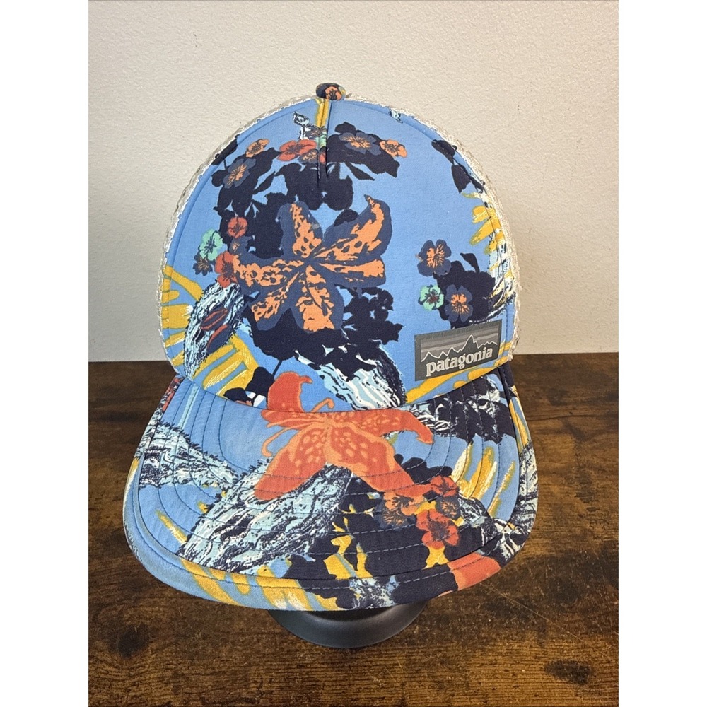 Patagonia Duckbill Trucker Hat Blue Tropical Floral Print White Mesh Reflective